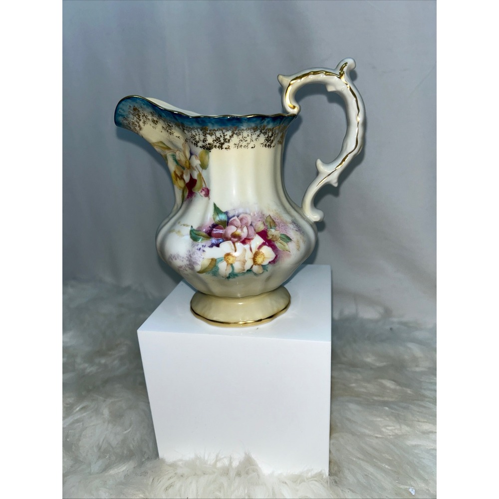 RS Suhl Antique Porcelain Floral Pitcher Gold Gilt Teal Scalloped Edge Germany